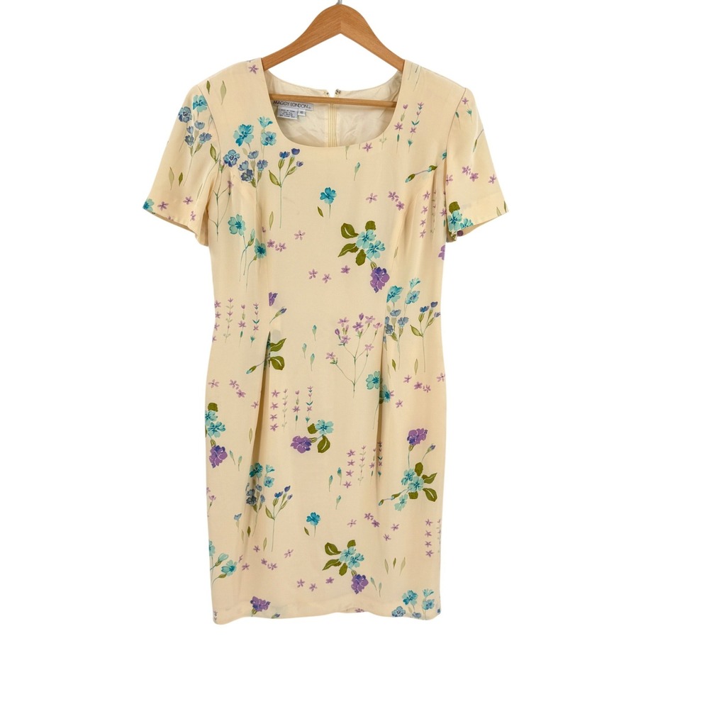 Vintage 100% Silk Maggy London Sheath Dress Size 10 Floral Pastel Cottagecore